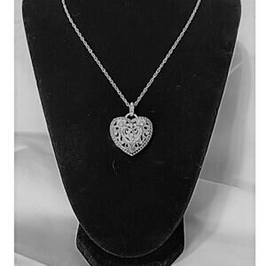 Vintage Silver Open Work Filigree Reversable Heart Pendant Necklace